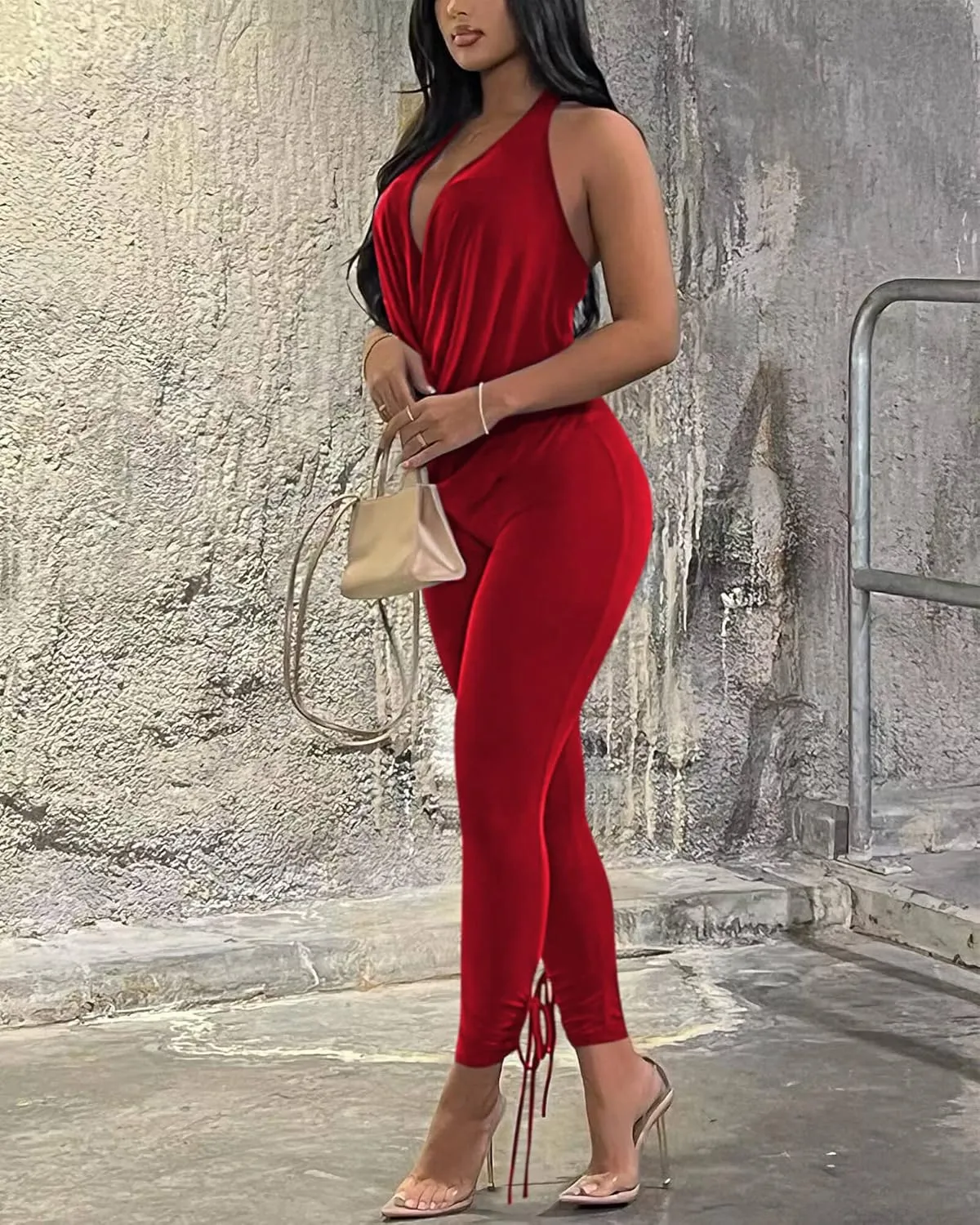 Doweha Women's Sexy Summer Two Piece Outfits Sleeveless Backless Deep V Neck Tank Tops And High Waisted Pants Matching Sets