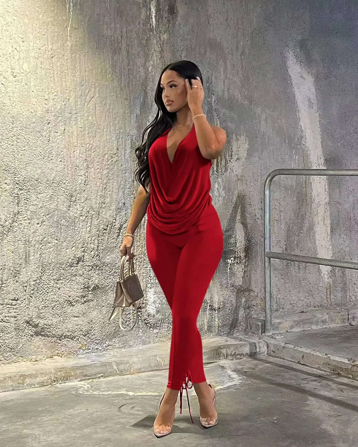 Doweha Women's Sexy Summer Two Piece Outfits Sleeveless Backless Deep V Neck Tank Tops And High Waisted Pants Matching Sets
