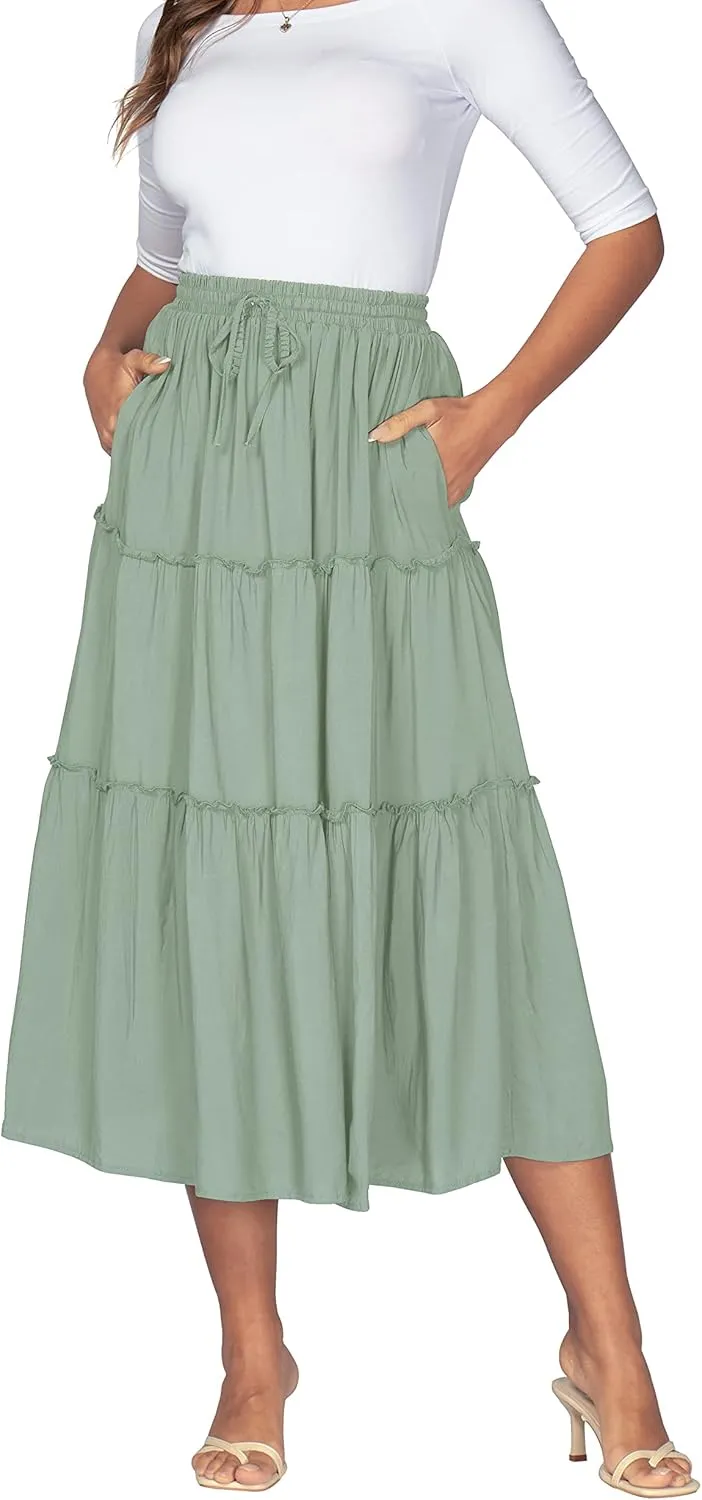 DREFBUFY Women's Boho Elastic High Waist A Line Ruffle Swing Beach Maxi Skirt with Pockets