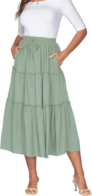 DREFBUFY Women's Boho Elastic High Waist A Line Ruffle Swing Beach Maxi Skirt with Pockets
