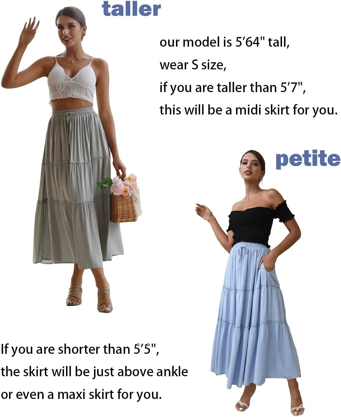 DREFBUFY Women's Boho Elastic High Waist A Line Ruffle Swing Beach Maxi Skirt with Pockets