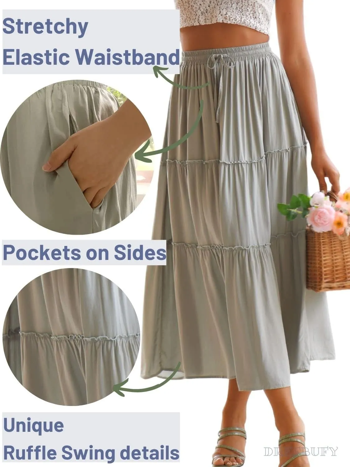 DREFBUFY Women's Boho Elastic High Waist A Line Ruffle Swing Beach Maxi Skirt with Pockets