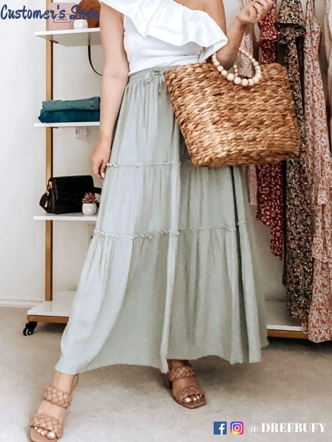 DREFBUFY Women's Boho Elastic High Waist A Line Ruffle Swing Beach Maxi Skirt with Pockets