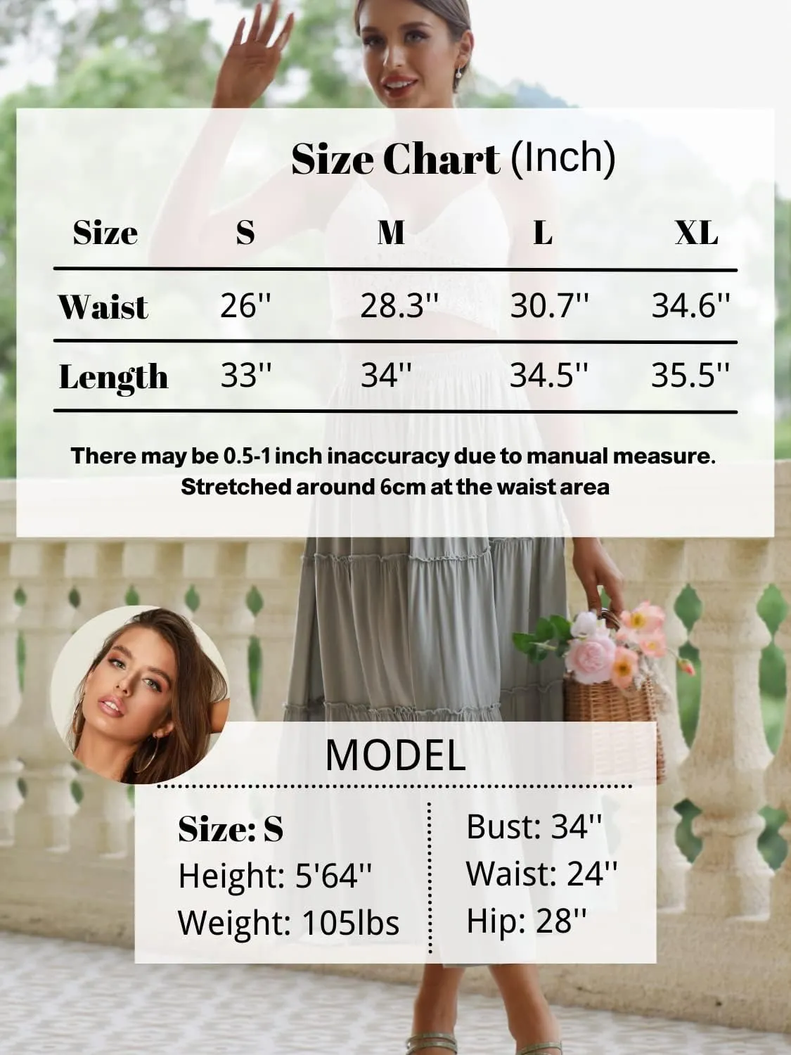 DREFBUFY Women's Boho Elastic High Waist A Line Ruffle Swing Beach Maxi Skirt with Pockets