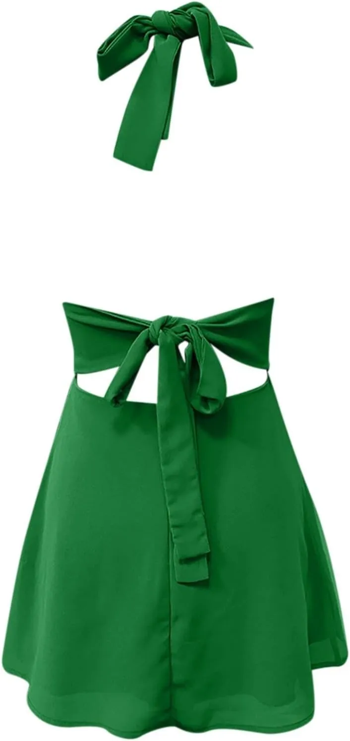 Dresses for Women Swing Deep V Mini Dress Bow Tie Sleeveless Backless Ruched Flowy Wrap Ruffle Hem Summer Dress