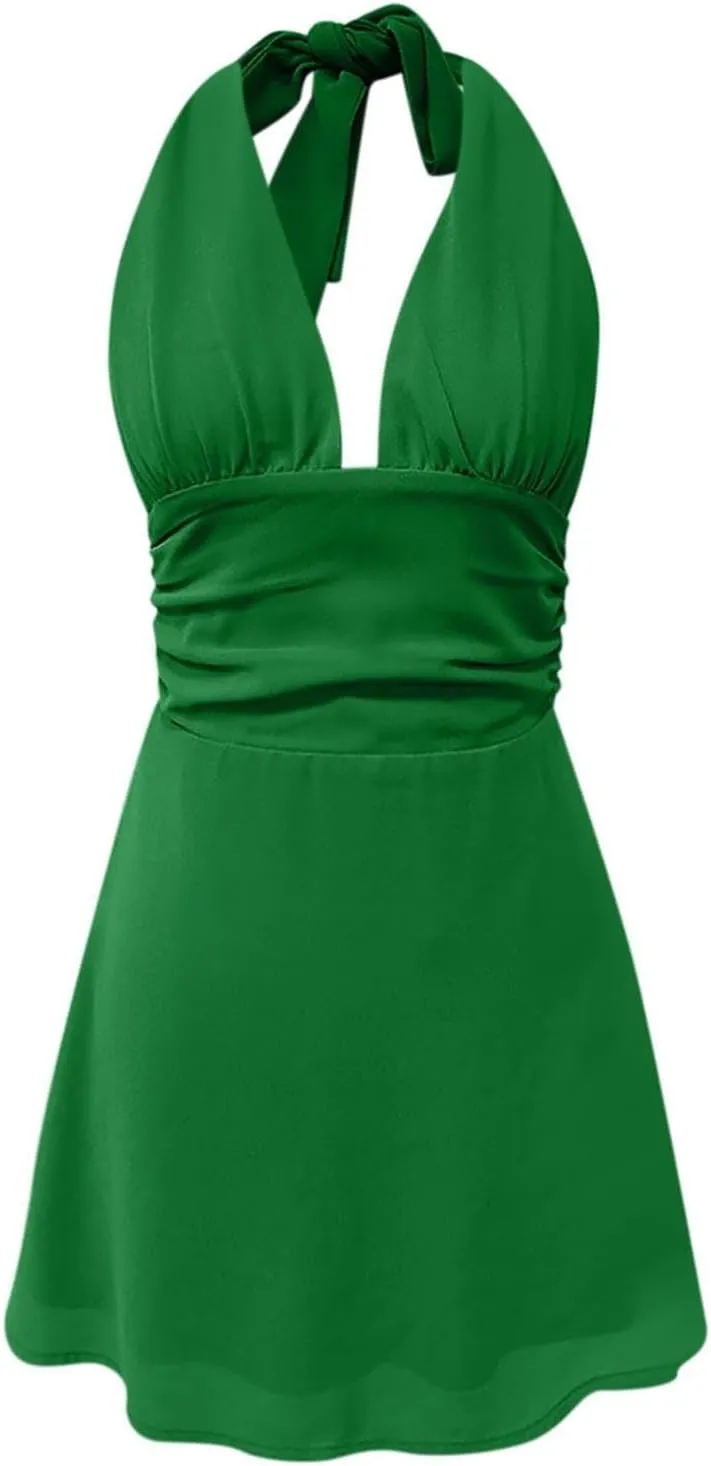 Dresses for Women Swing Deep V Mini Dress Bow Tie Sleeveless Backless Ruched Flowy Wrap Ruffle Hem Summer Dress