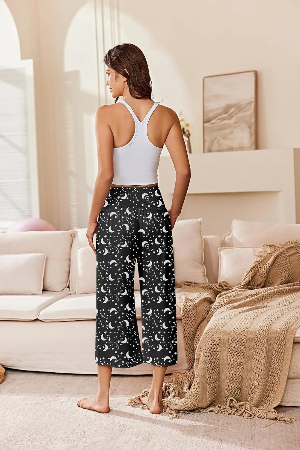 Ekouaer Womens Pajama Pants Wide Leg Capri Yoga Pants Lounge Comfy Sleep Pj Bottoms with Pockets