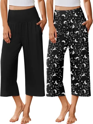 Ekouaer Womens Pajama Pants Wide Leg Capri Yoga Pants Lounge Comfy Sleep Pj Bottoms with Pockets