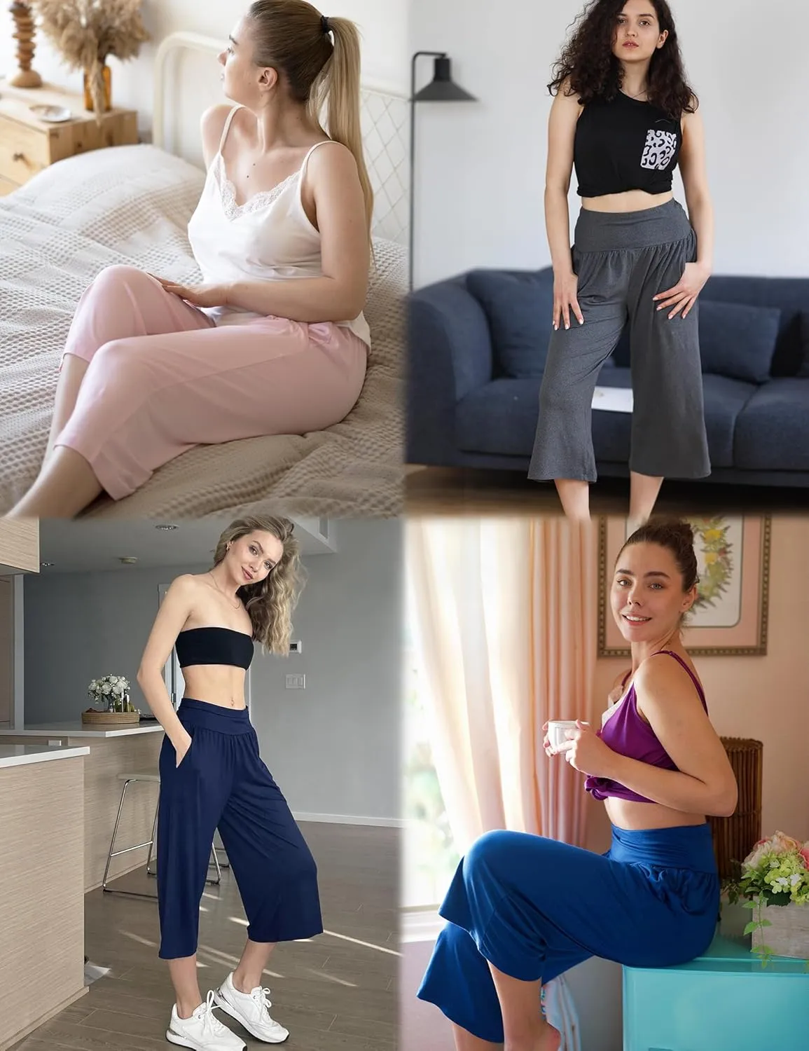 Ekouaer Womens Pajama Pants Wide Leg Capri Yoga Pants Lounge Comfy Sleep Pj Bottoms with Pockets