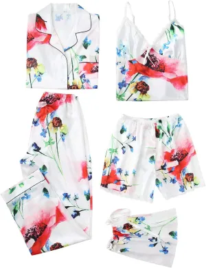 Escalier Womens 5pcs Silk Satin Pajama Set Cami Pjs Sleepwear Button Down Pj Sets Loungewear