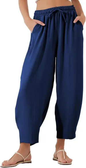 EVALESS Women's Summer High Waisted Baggy Pants Casual Ankle Length Trouser Slacks with Pockets