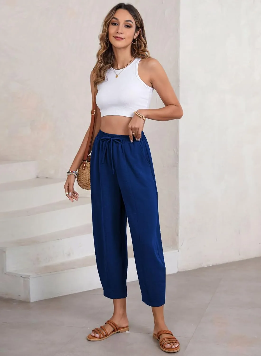 EVALESS Women's Summer High Waisted Baggy Pants Casual Ankle Length Trouser Slacks with Pockets