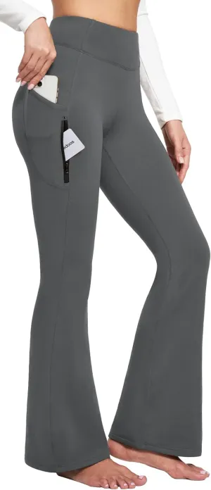 Ewedoos Fleece Lined Yoga Pants with Pockets Water Resistant Hiking Pants Women High Waist Flare Leggings Winter Warm Pants