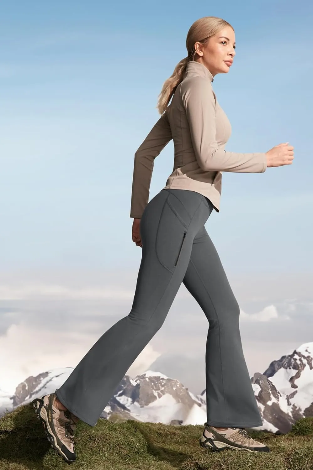 Ewedoos Fleece Lined Yoga Pants with Pockets Water Resistant Hiking Pants Women High Waist Flare Leggings Winter Warm Pants