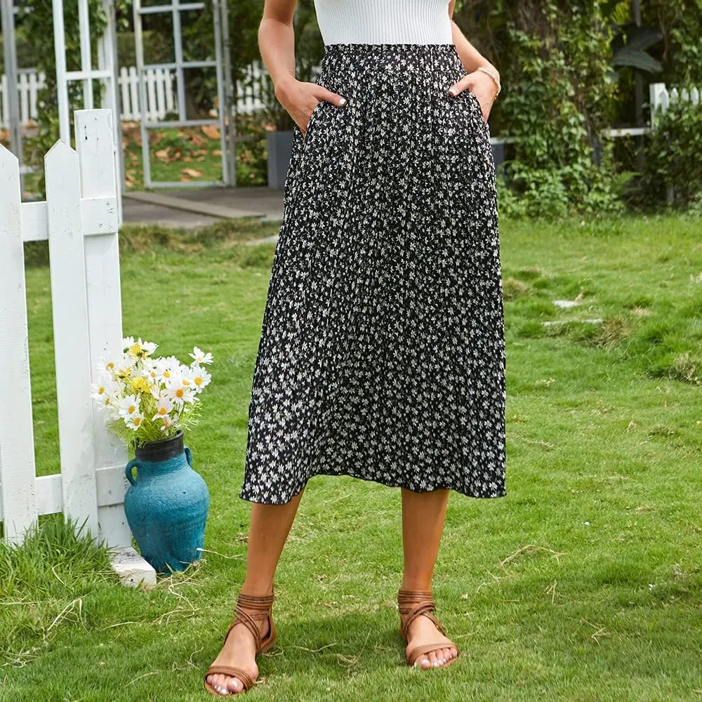 EXLURA Womens High Waist Polka Dot Pleated Maxi Skirt Midi Swing Skirt Beach Vacation Cruise Outfits with Pockets