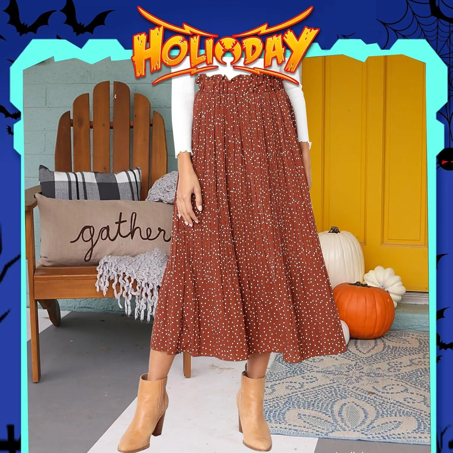 EXLURA Womens High Waist Polka Dot Pleated Maxi Skirt Midi Swing Skirt Beach Vacation Cruise Outfits with Pockets
