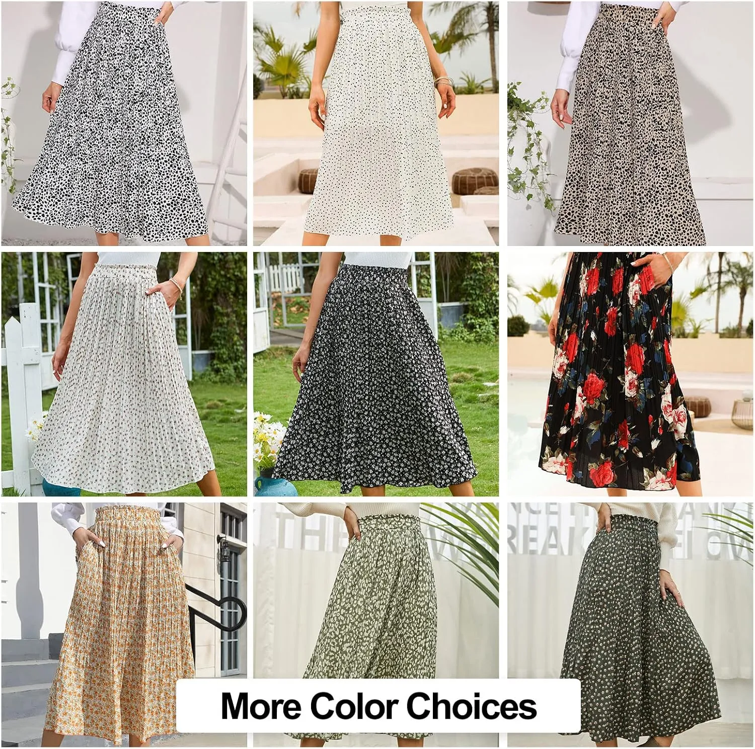 EXLURA Womens High Waist Polka Dot Pleated Maxi Skirt Midi Swing Skirt Beach Vacation Cruise Outfits with Pockets