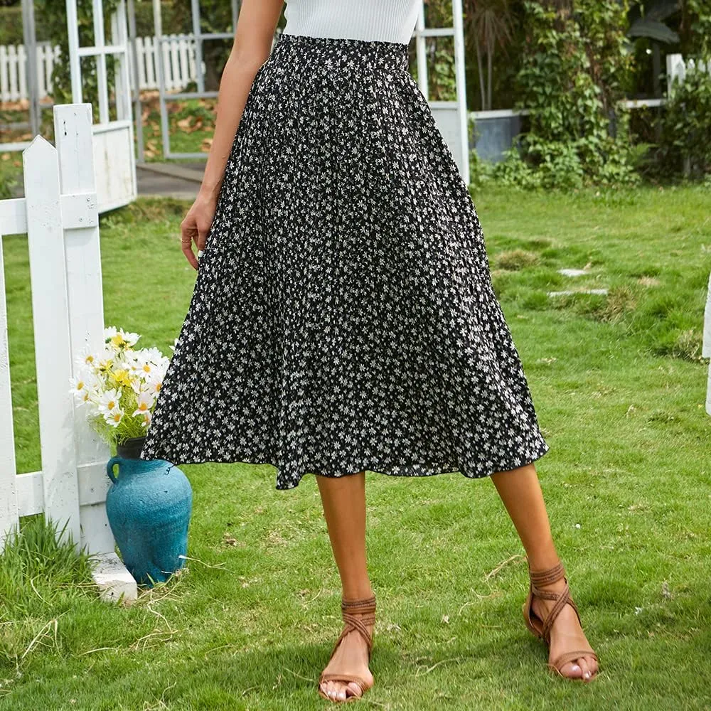 EXLURA Womens High Waist Polka Dot Pleated Maxi Skirt Midi Swing Skirt Beach Vacation Cruise Outfits with Pockets