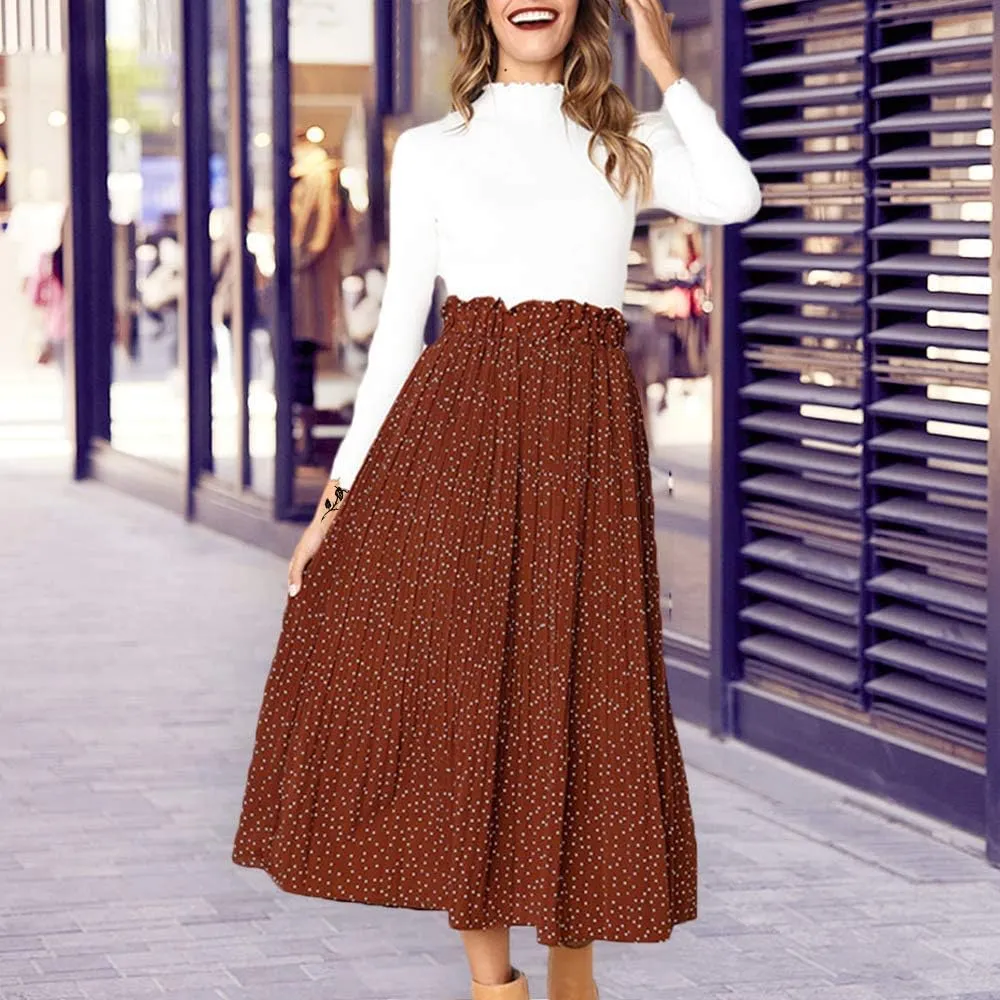 EXLURA Womens High Waist Polka Dot Pleated Maxi Skirt Midi Swing Skirt Beach Vacation Cruise Outfits with Pockets