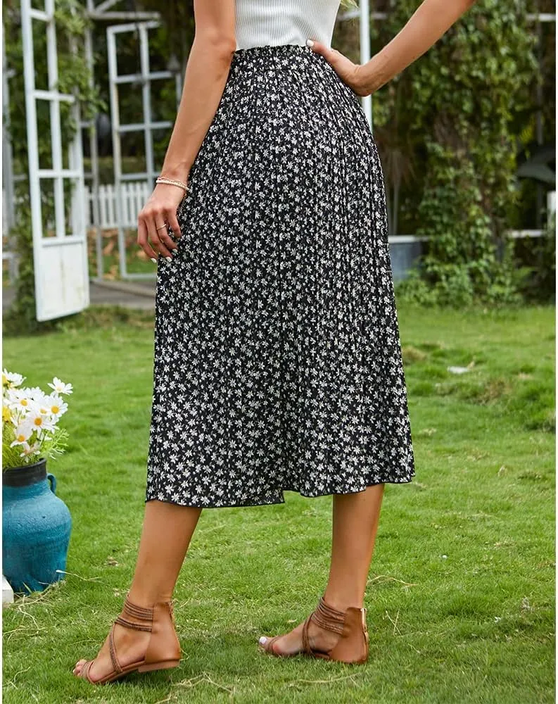 EXLURA Womens High Waist Polka Dot Pleated Maxi Skirt Midi Swing Skirt Beach Vacation Cruise Outfits with Pockets