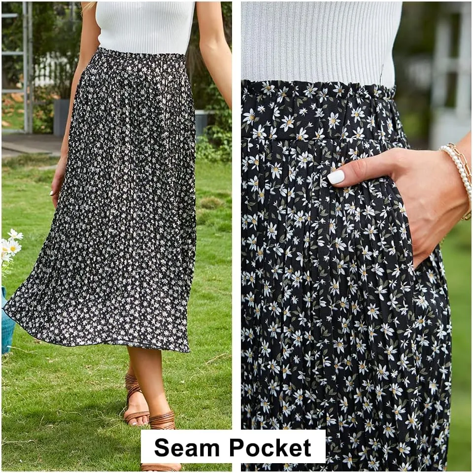 EXLURA Womens High Waist Polka Dot Pleated Maxi Skirt Midi Swing Skirt Beach Vacation Cruise Outfits with Pockets