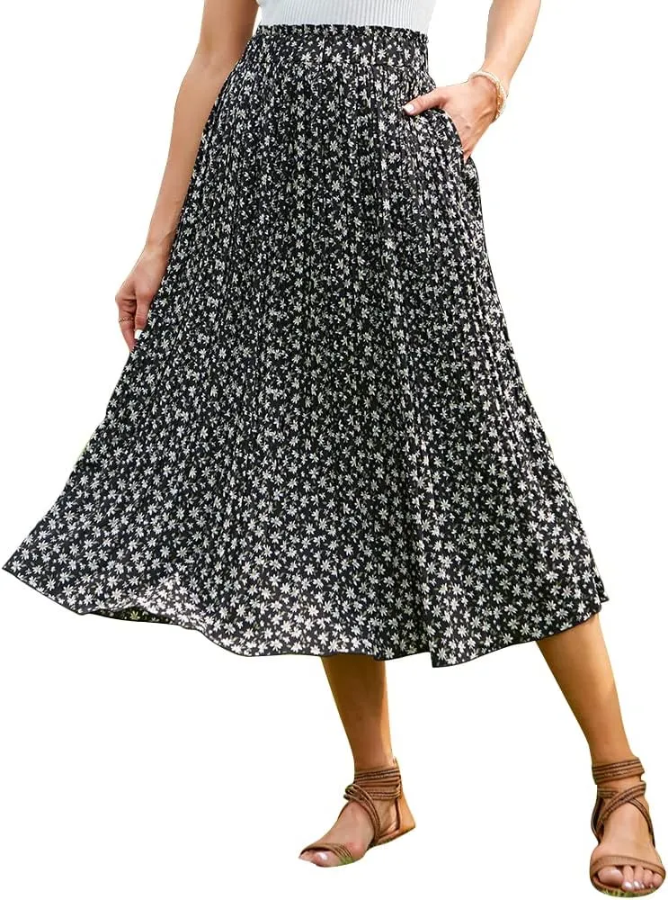 EXLURA Womens High Waist Polka Dot Pleated Maxi Skirt Midi Swing Skirt Beach Vacation Cruise Outfits with Pockets