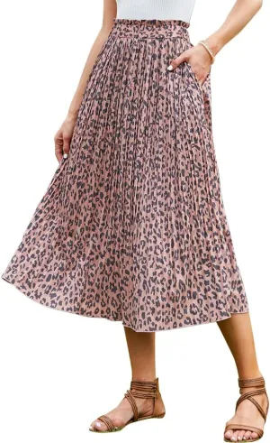 EXLURA Womens High Waist Polka Dot Pleated Skirt Midi Swing Skirt with Pockets Pink-Leopard
