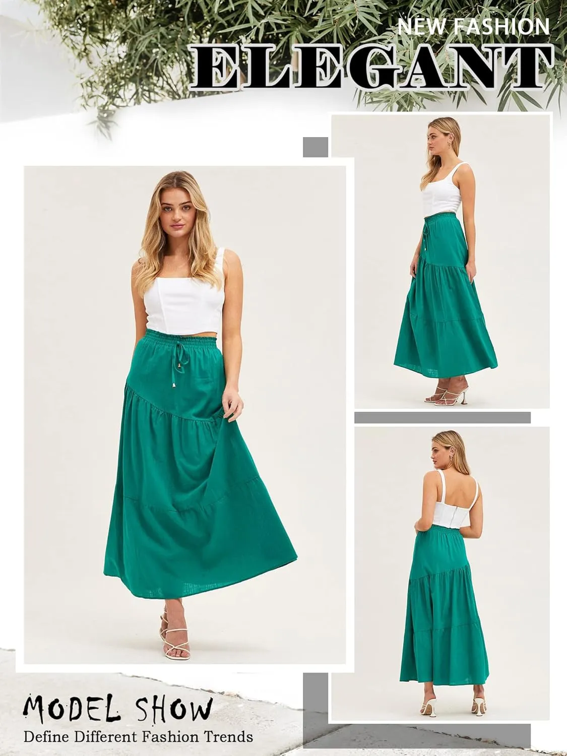 Ezcosplay Women Maxi Linen Skirt Elastic High Waist A-Line Swing Long Beach Skirt Summer