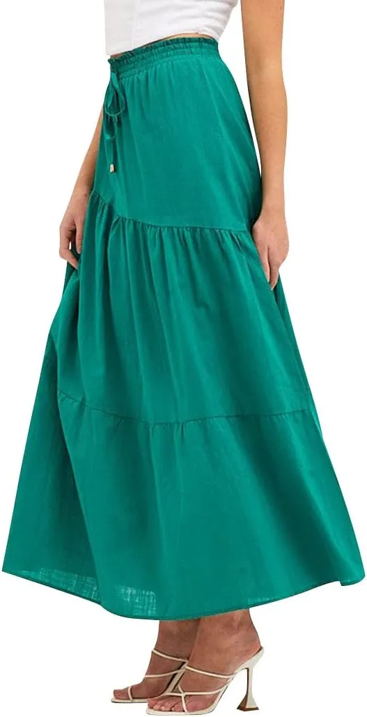 Ezcosplay Women Maxi Linen Skirt Elastic High Waist A-Line Swing Long Beach Skirt Summer