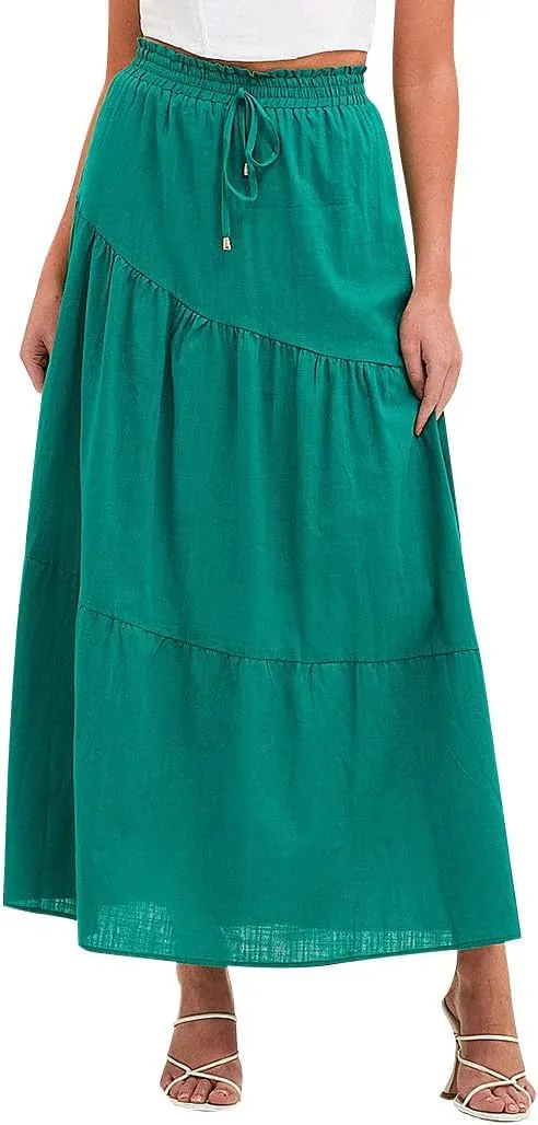 Ezcosplay Women Maxi Linen Skirt Elastic High Waist A-Line Swing Long Beach Skirt Summer