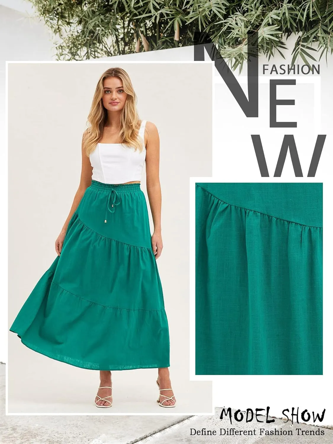 Ezcosplay Women Maxi Linen Skirt Elastic High Waist A-Line Swing Long Beach Skirt Summer