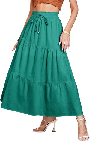 Ezcosplay Women Maxi Linen Skirt Elastic High Waist A-Line Swing Long Beach Skirt Summer