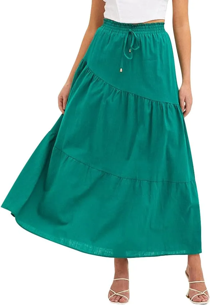 Ezcosplay Women Maxi Linen Skirt Elastic High Waist A-Line Swing Long Beach Skirt Summer