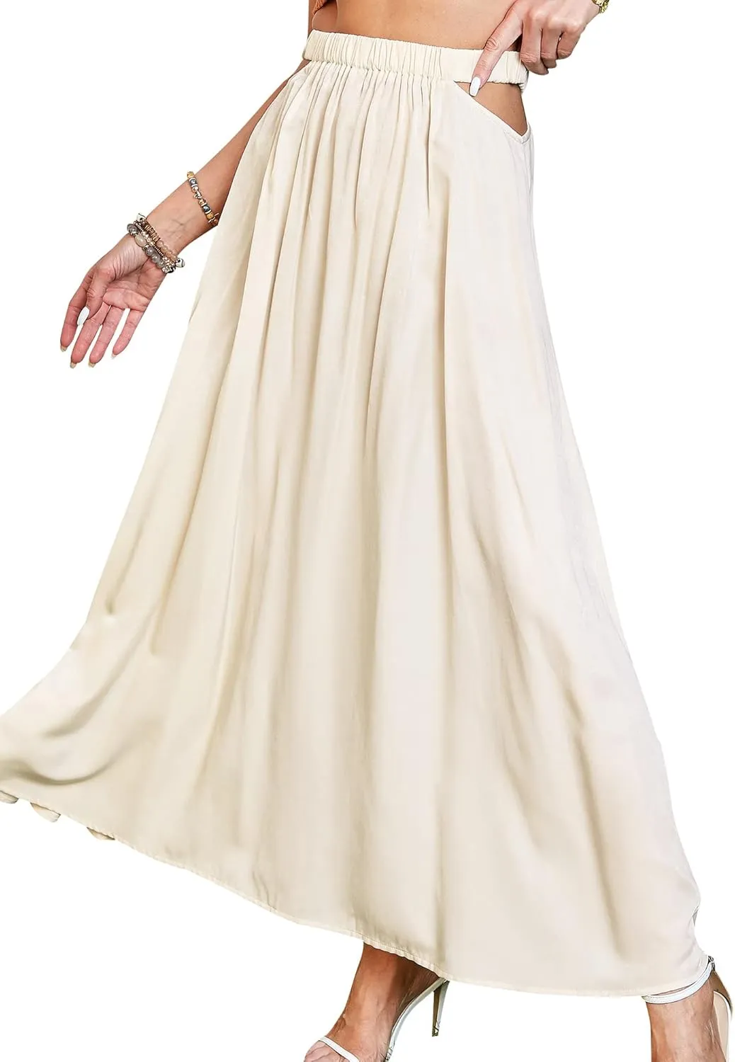 Ezcosplay Womens Cut Out Elastic High Waist Maxi Skirt Summer Flowy A-Line Long Skirt