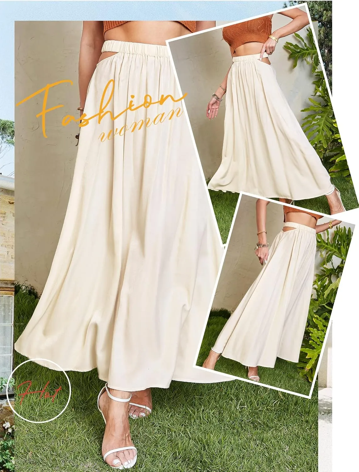 Ezcosplay Womens Cut Out Elastic High Waist Maxi Skirt Summer Flowy A-Line Long Skirt