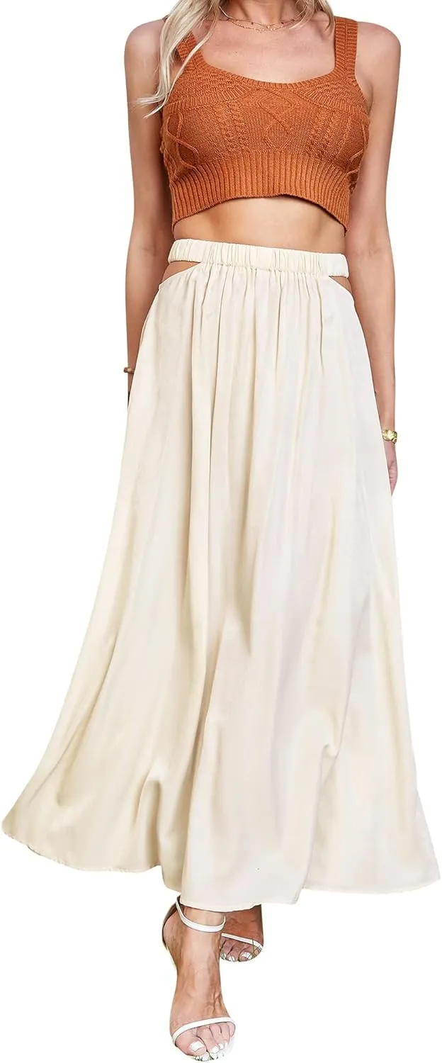 Ezcosplay Womens Cut Out Elastic High Waist Maxi Skirt Summer Flowy A-Line Long Skirt