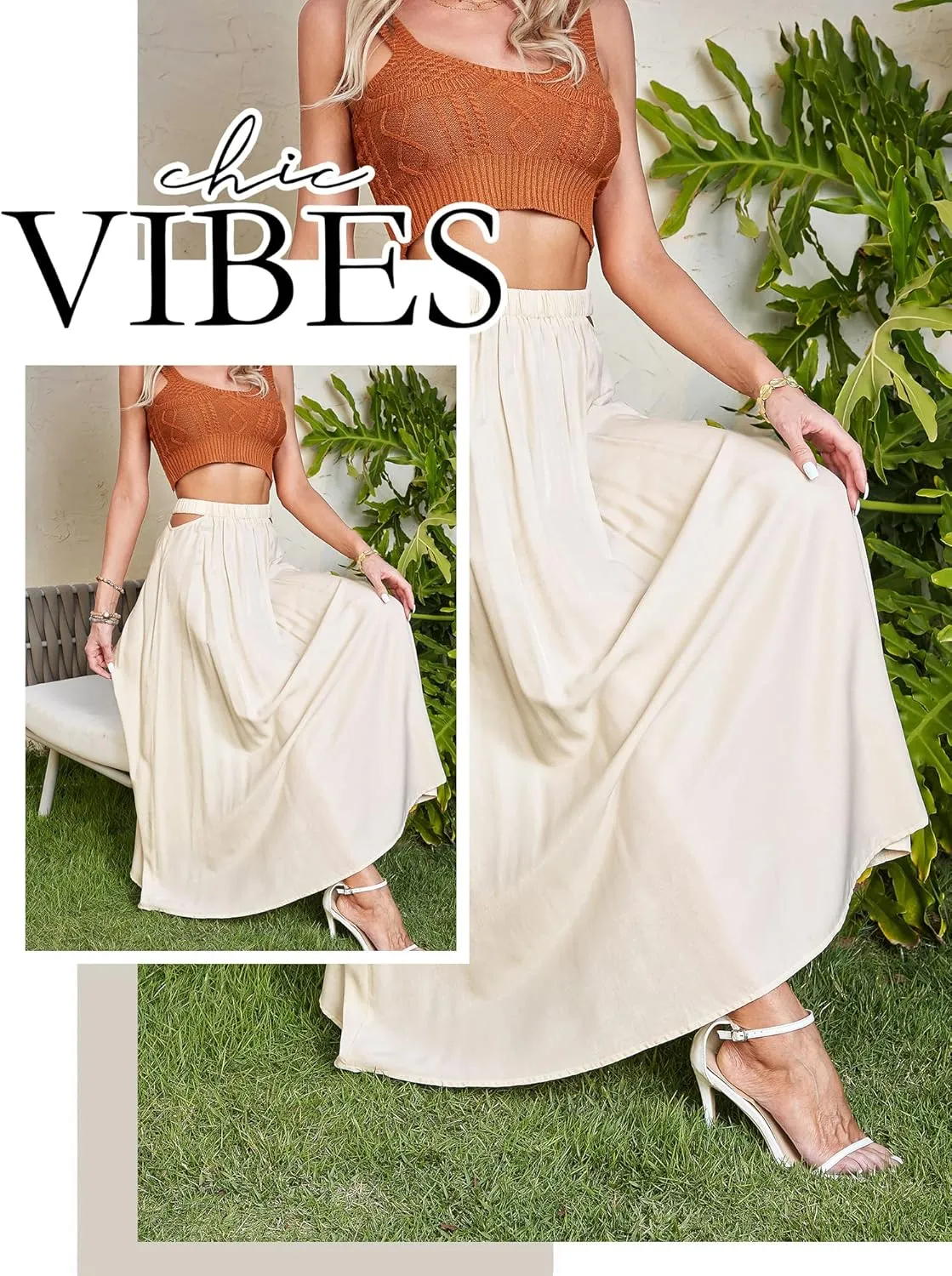 Ezcosplay Womens Cut Out Elastic High Waist Maxi Skirt Summer Flowy A-Line Long Skirt