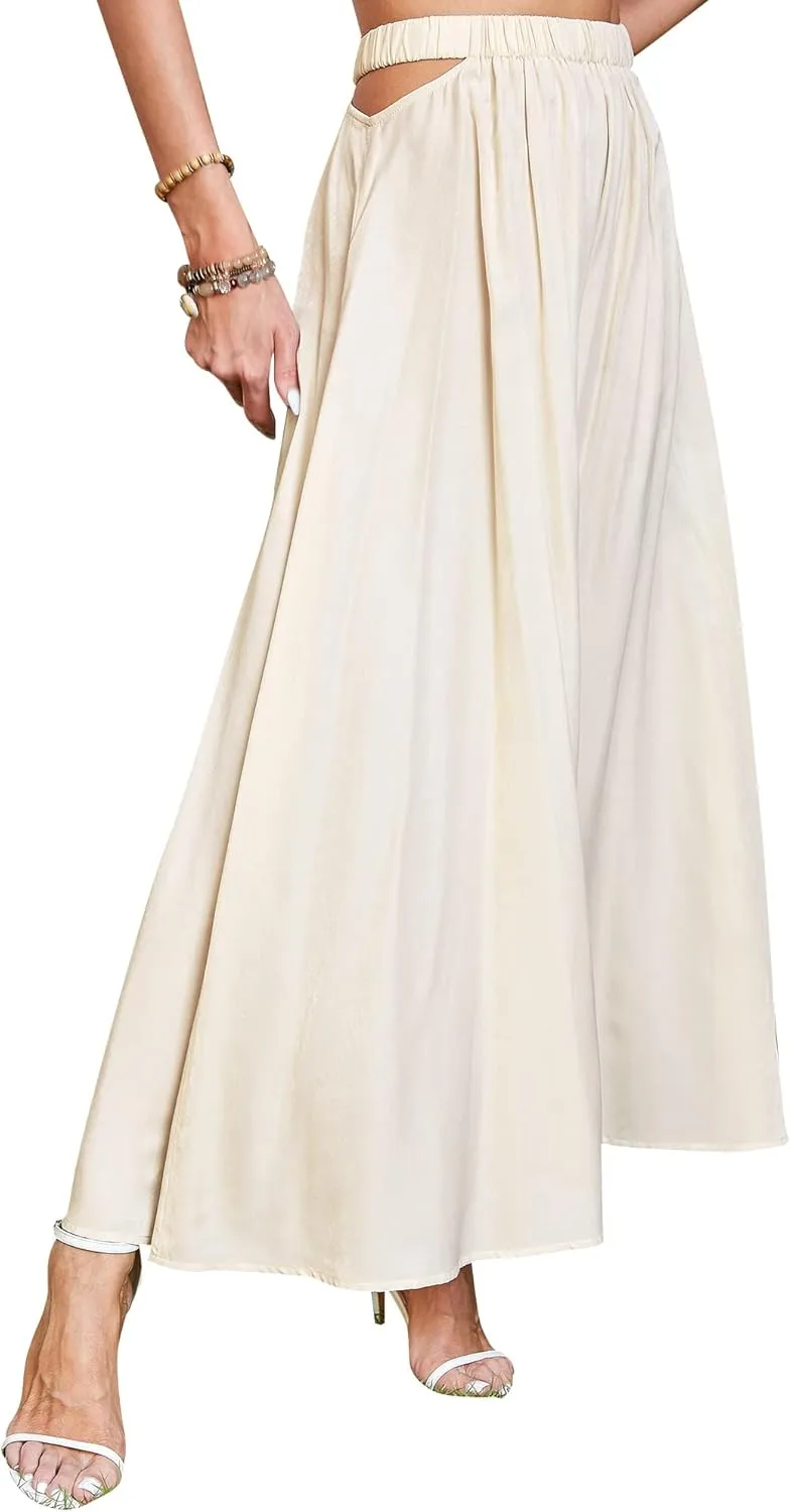 Ezcosplay Womens Cut Out Elastic High Waist Maxi Skirt Summer Flowy A-Line Long Skirt