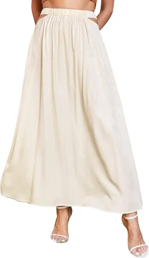 Ezcosplay Womens Cut Out Elastic High Waist Maxi Skirt Summer Flowy A-Line Long Skirt