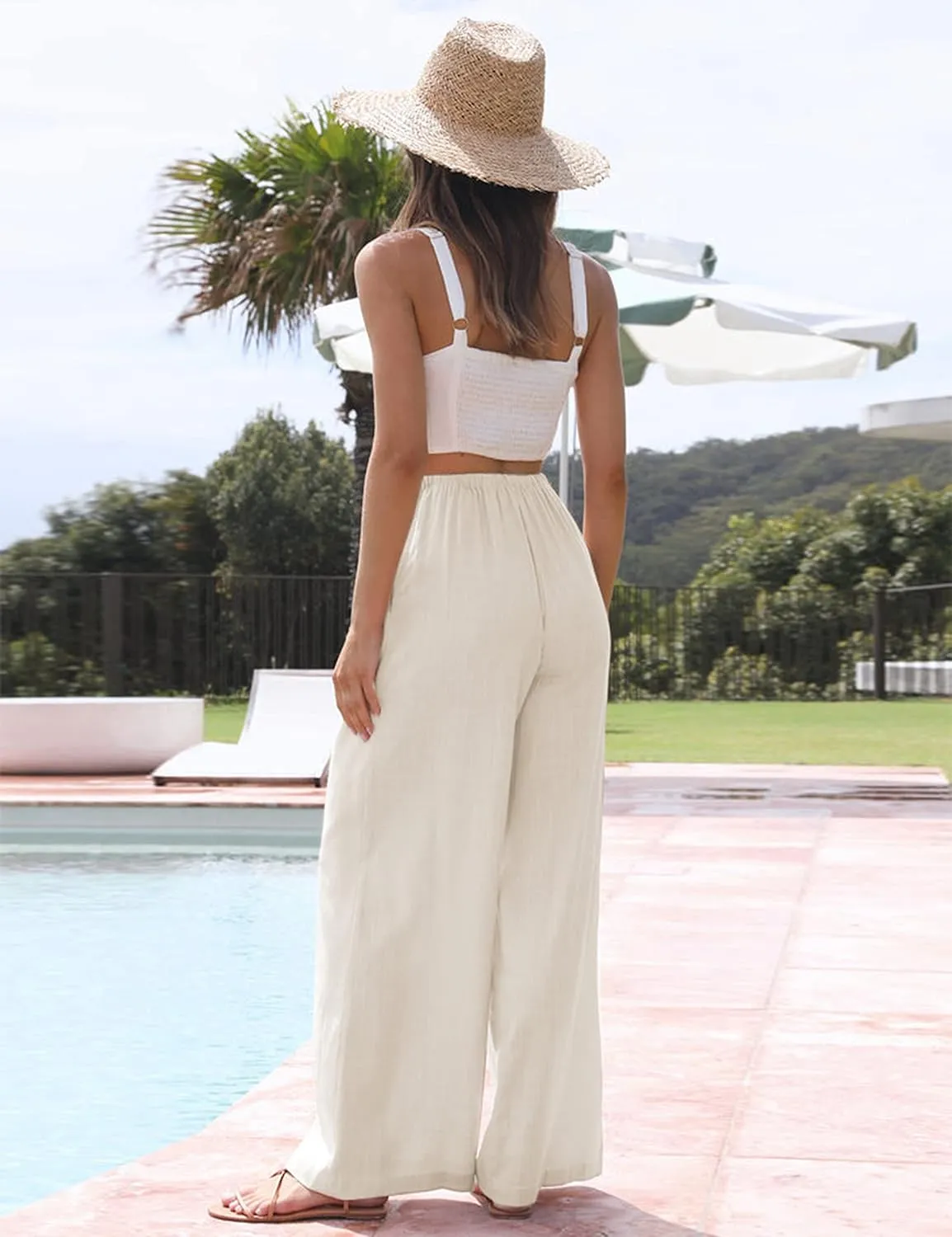 Faleave Women's Cotton Linen Summer Palazzo Pants Flowy Wide Leg Beach Trousers with Pockets