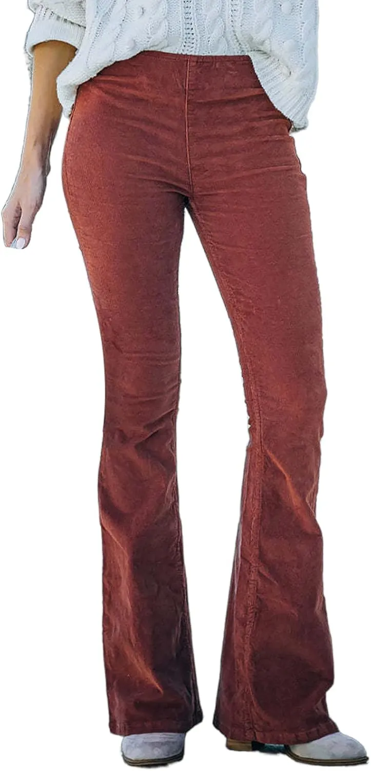 Famnbro Women's Corduroy Pants High Waist Skinny Flare Leg Long Pants Trousers with Pockets
