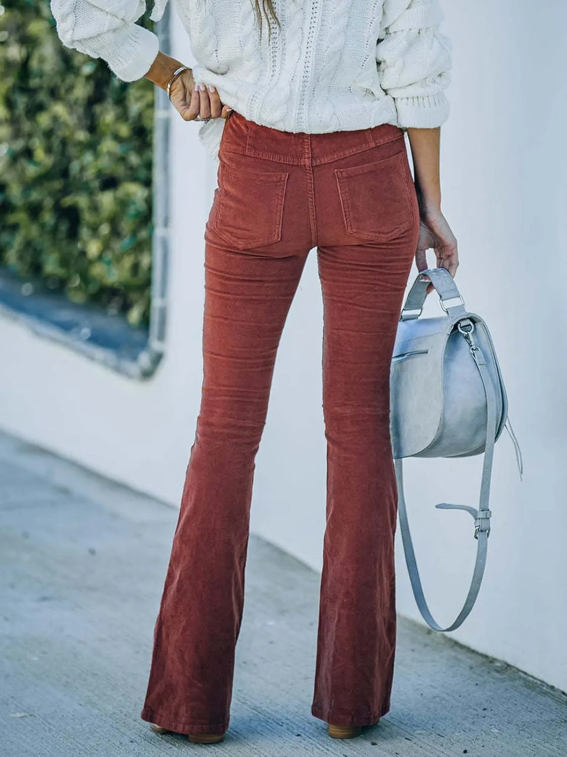 Famnbro Women's Corduroy Pants High Waist Skinny Flare Leg Long Pants Trousers with Pockets