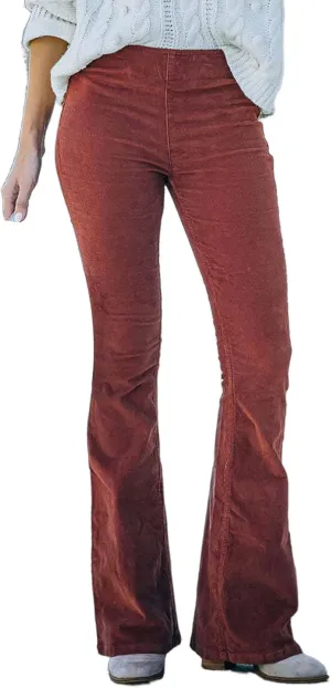 Famnbro Women's Corduroy Pants High Waist Skinny Flare Leg Long Pants Trousers with Pockets
