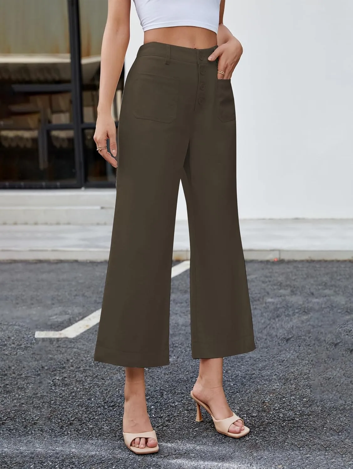 Famulily Womens Button Down Wide Leg High Elastic Waisted Capri Pants Casual Dressy Cropped Pants with Patch Pockets