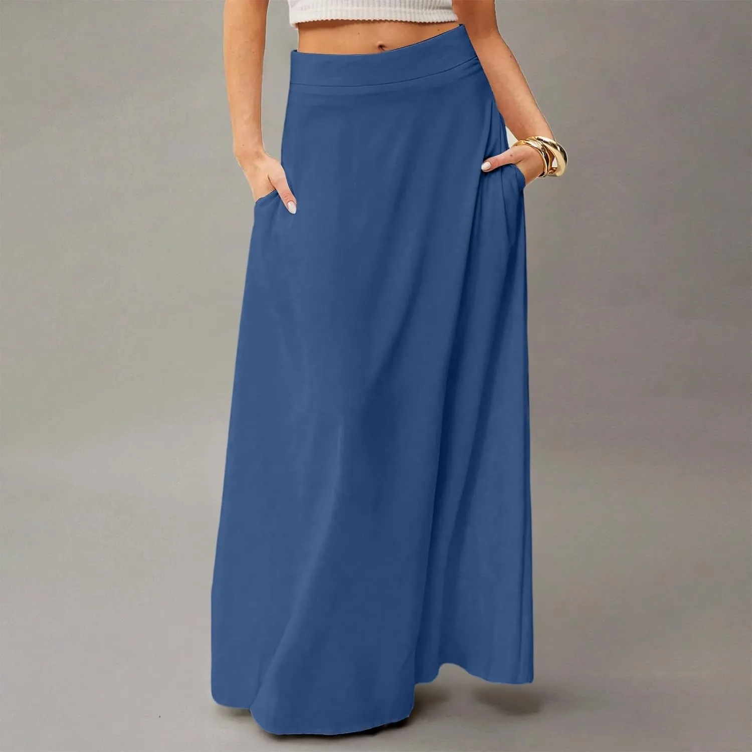 fanmpghleoo Summer Skirts for Women 2025 Boho Elastic High Waisted Maxi Skirt Flowy Vacation Beach Long Skirt with Pockets