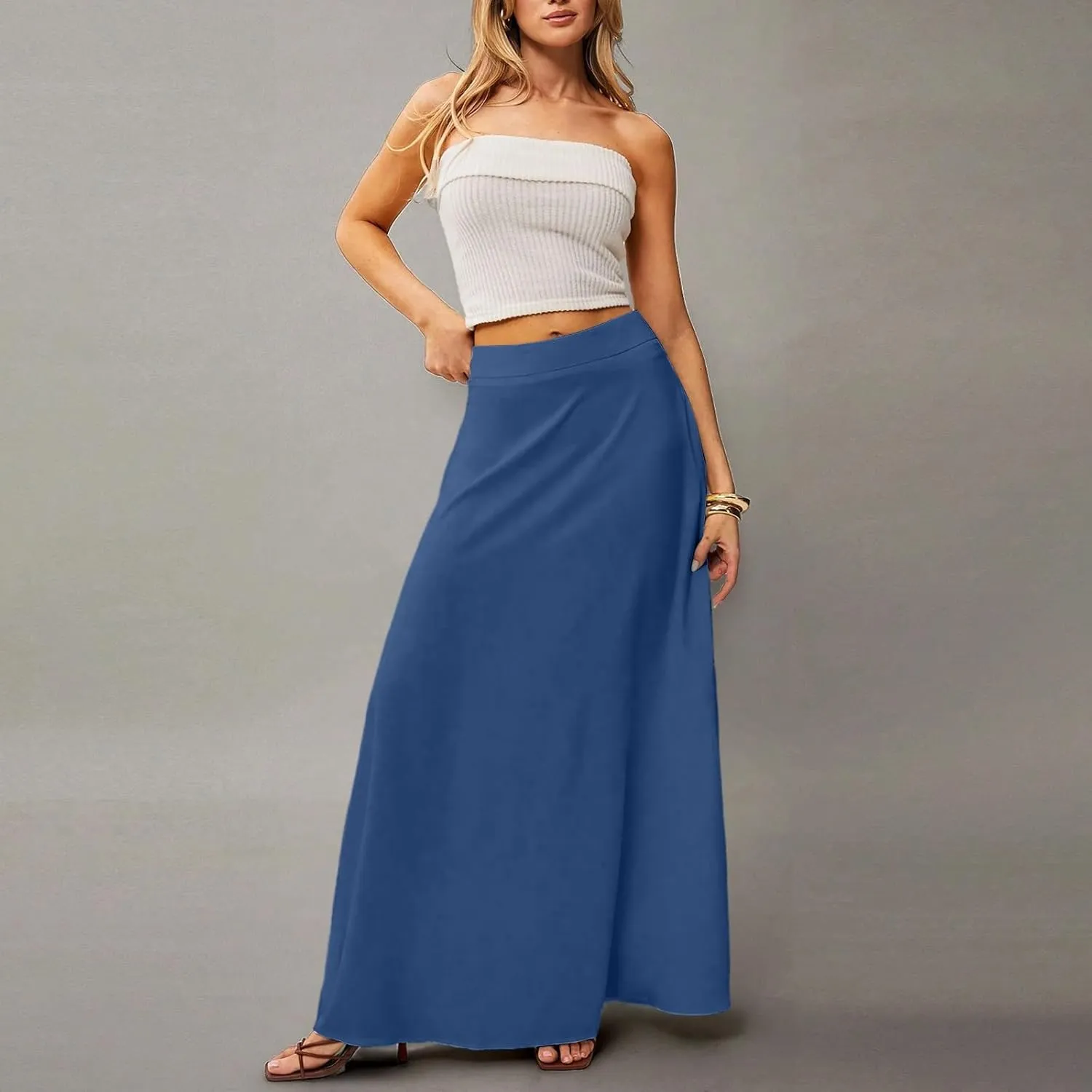 fanmpghleoo Summer Skirts for Women 2025 Boho Elastic High Waisted Maxi Skirt Flowy Vacation Beach Long Skirt with Pockets