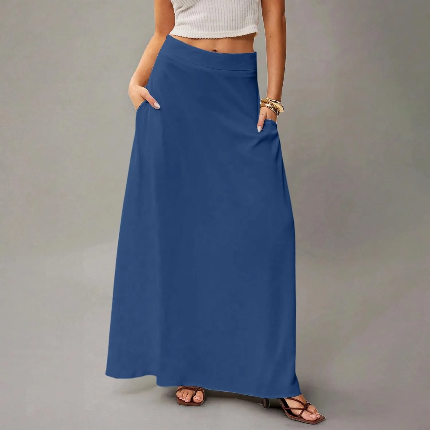 fanmpghleoo Summer Skirts for Women 2025 Boho Elastic High Waisted Maxi Skirt Flowy Vacation Beach Long Skirt with Pockets