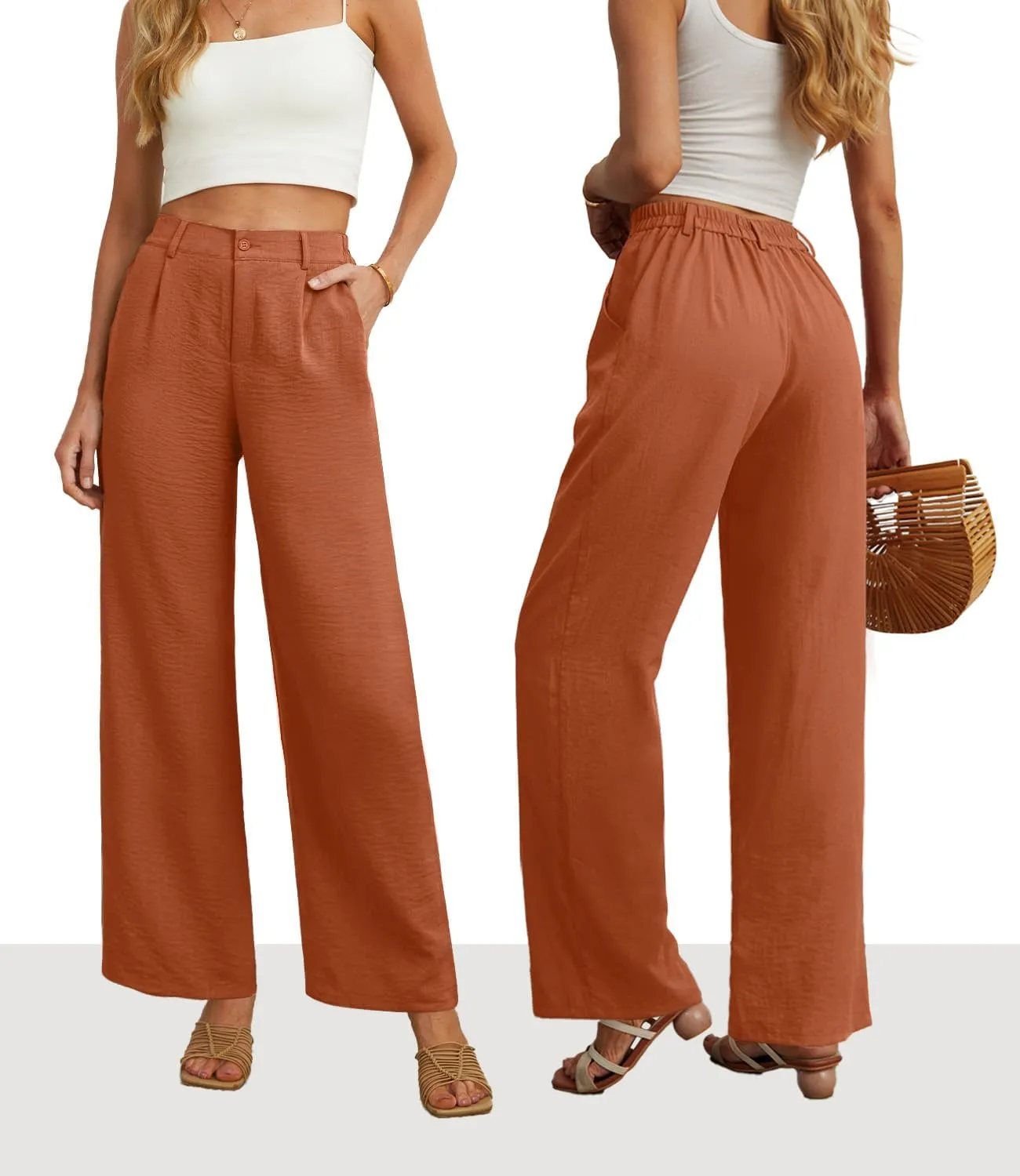 Feiersi Womens Casual Wide Leg Pants High Waisted Button Down Straight Long Trousers Palazzo Pants