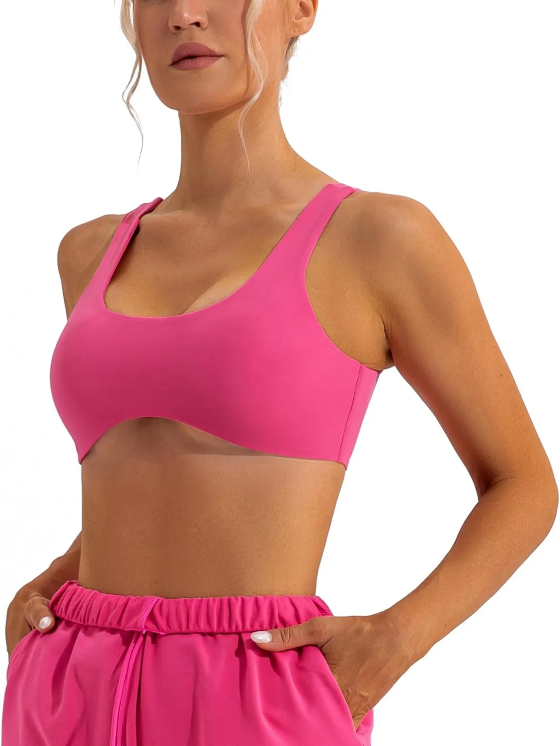 FEOYA Scoop Neck Sexy Sports Bra for Women Padded Low Cut Low Impact Workout Fitness Bra U Back Curved Sculpt Bra