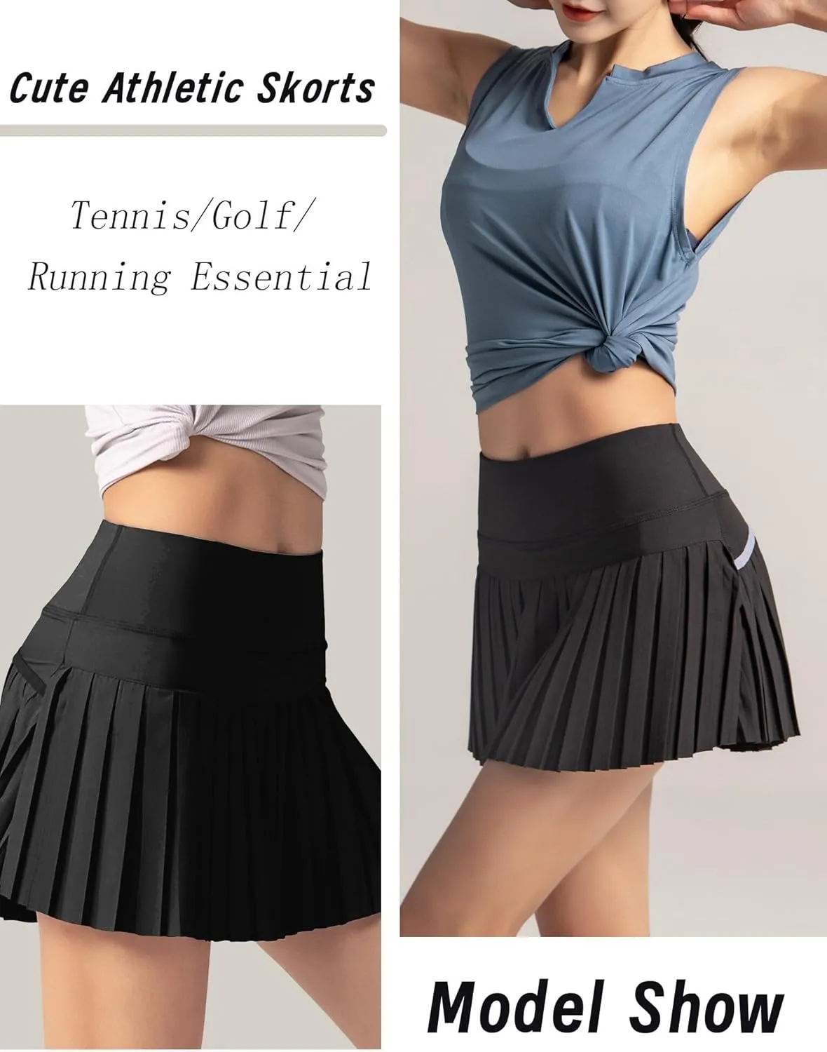 FEOYA Women Mini Pleated Tennis Skirt Short Golf Skort High Waisted A-Line Skirts with Shorts Pockets